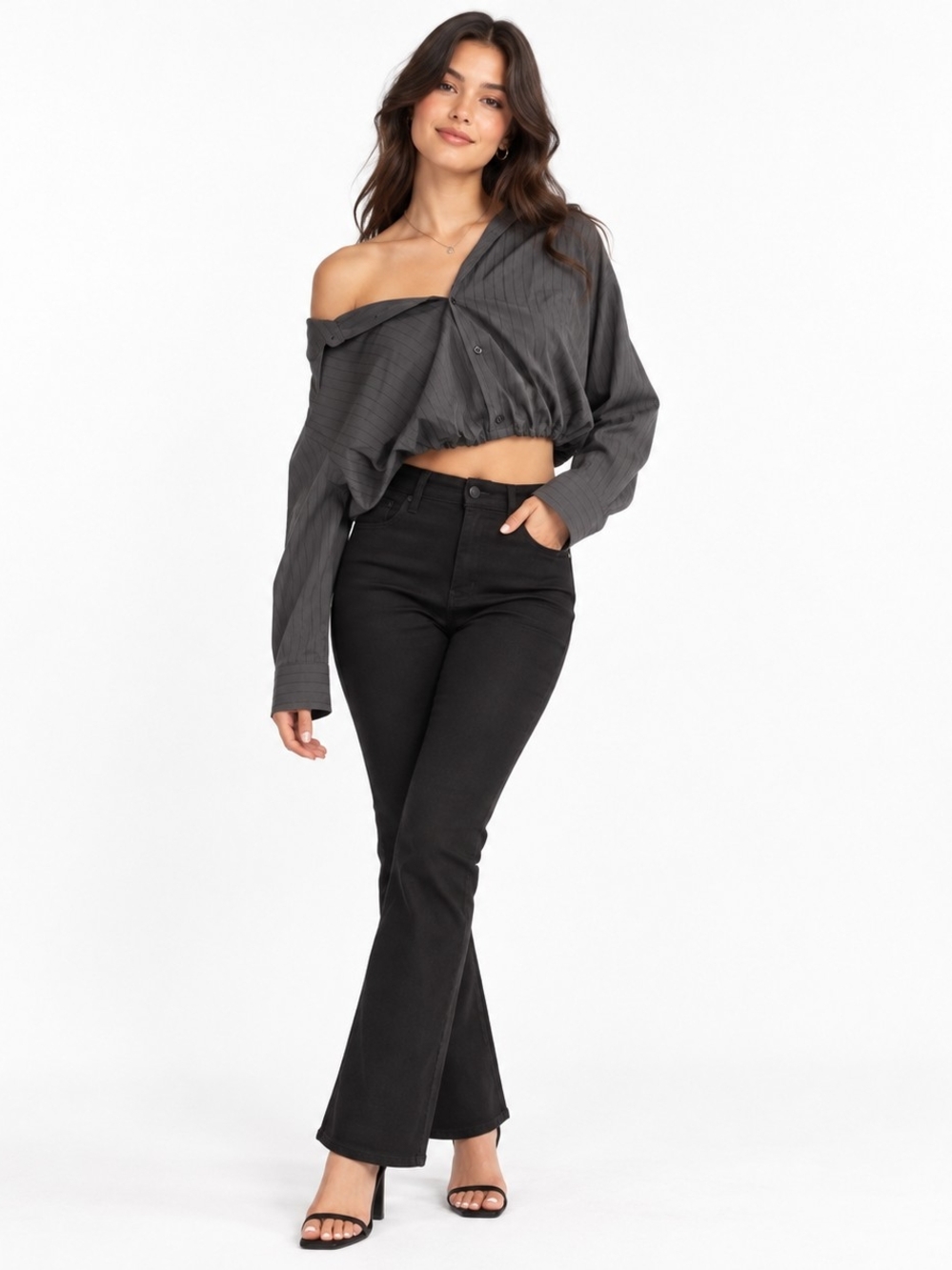 Upcycled Grey Cropped Button Down Shirt